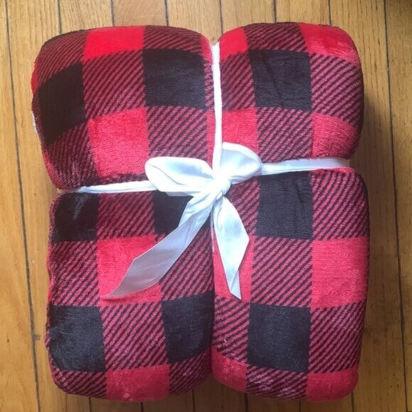 2x Catalonia Classic Red Black Checkered Holiday Blanket Buffalo Plaid Sherpa - Picture 4 of 6